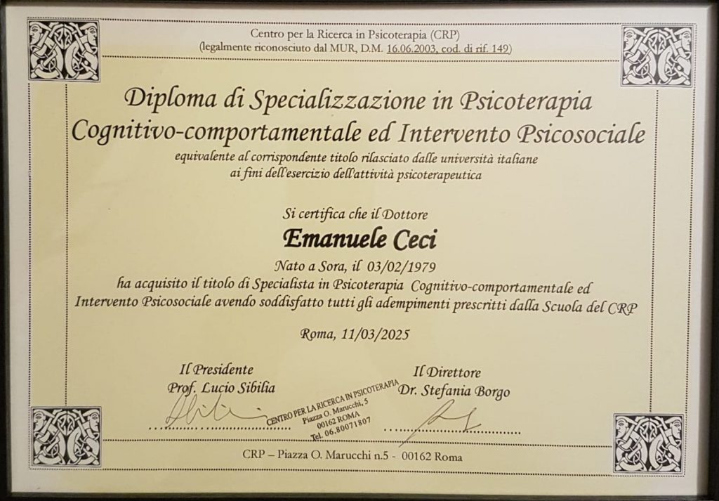 Diploma di Specializzazione quadriennale in Psicoterapia Cognitivo-Comportamentale ed Intervento Psicosociale
