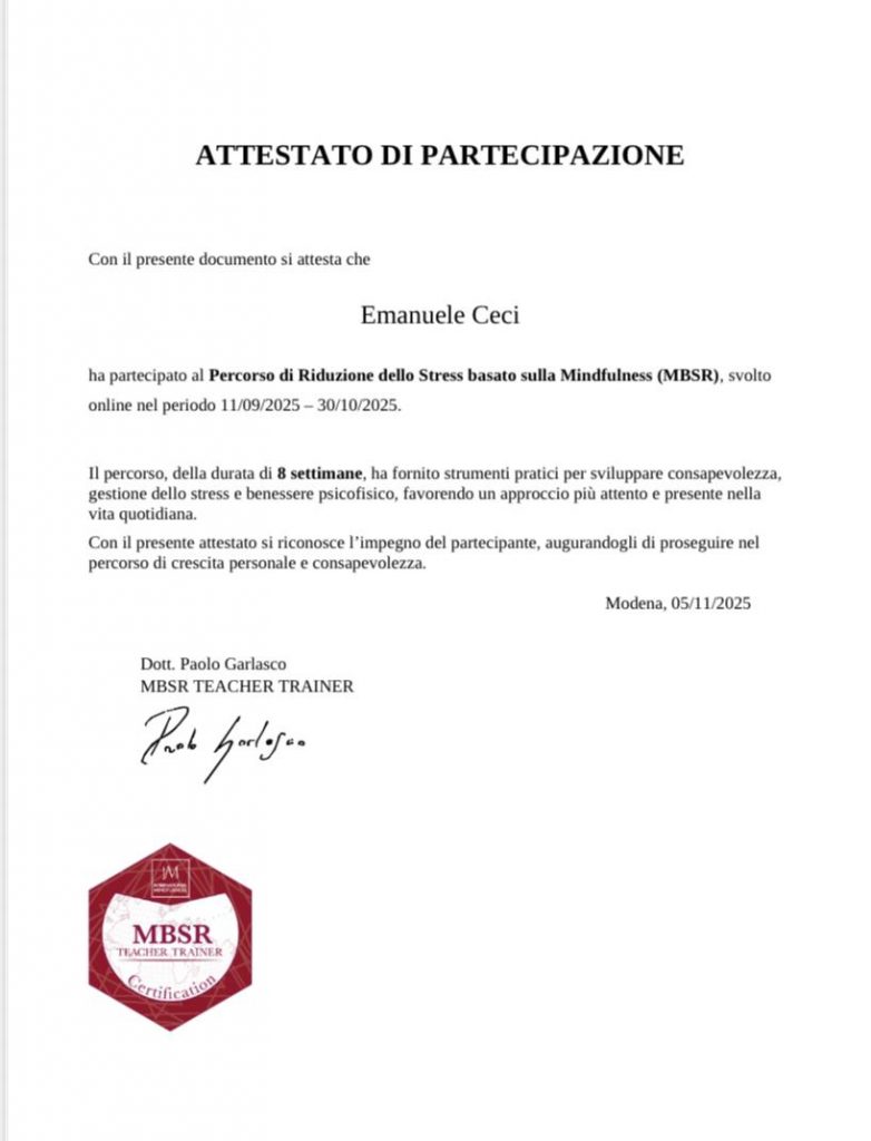 Percorso personale di riduzione dello Stress basato sulla Mindfulness MBSR , gruppo Sperling APL Milano